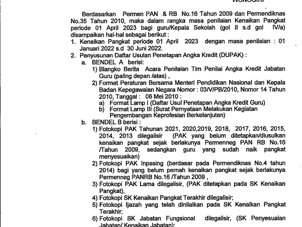 Usul KP bagi Kepala Sekolah/Guru/TK/SD/SMP Periode 1 April 2023 (Gol II s.d IV a)