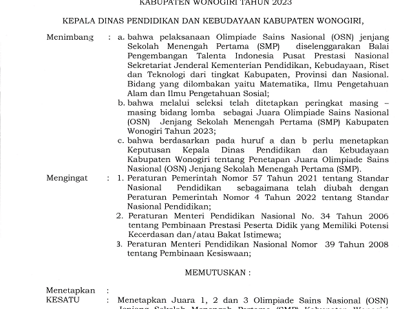 SK Kadinas PdK tentang Penetapan Juara OSN Jenjang SMP Kabupaten Wonogiri Tahun 2023